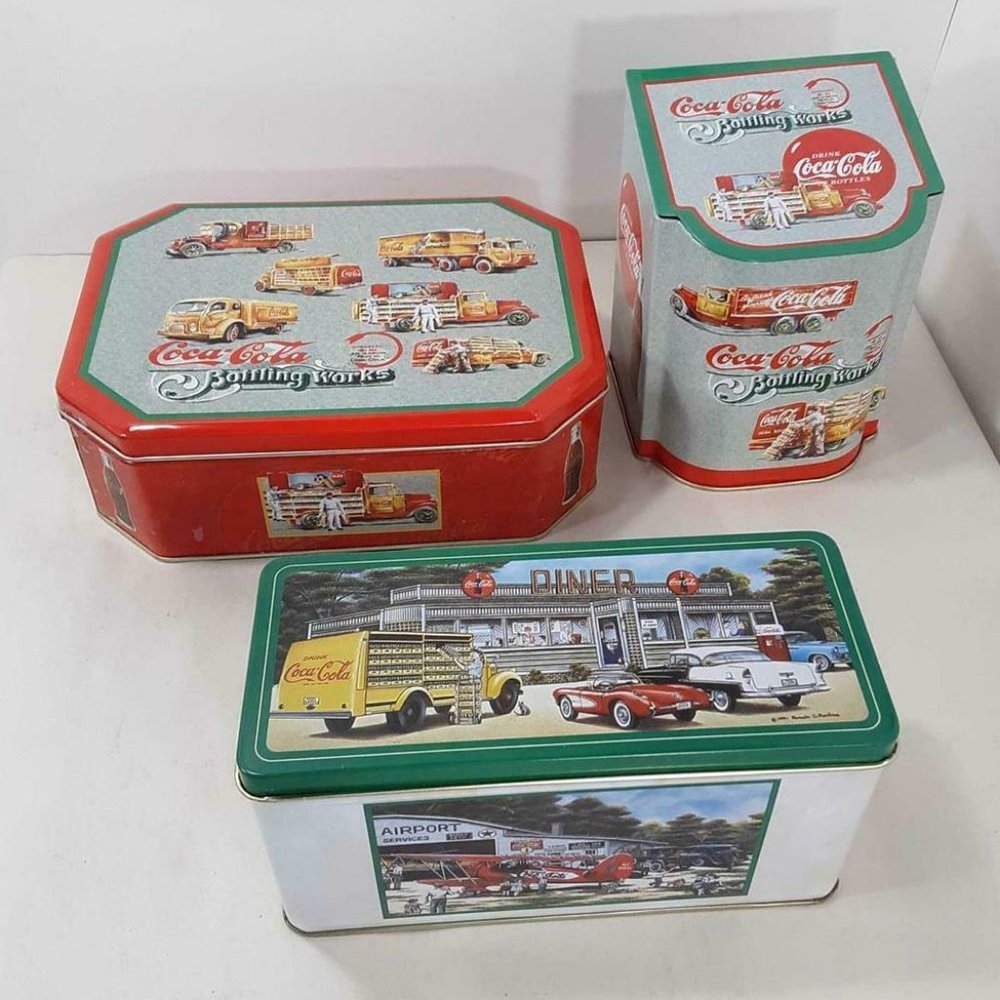 Set/3 Coke Coca Cola Tins Octagon Sloped Lid  Rect